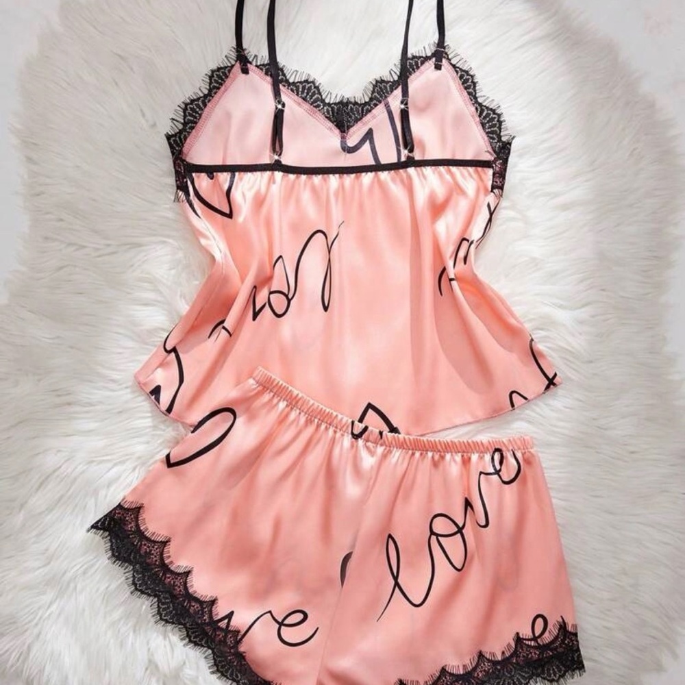 Pink Heart Print Lace Trim Sleepwear Set Size 8/10 Large - Picture 2 of 5